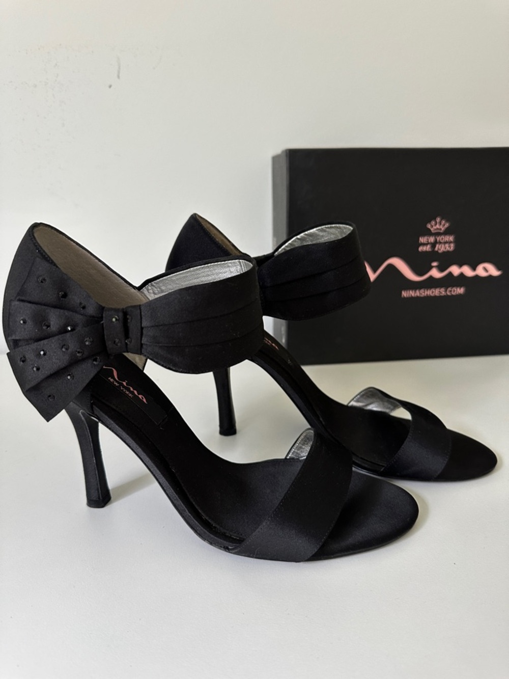 Nina Black Satin Open-Toe Bow Ankle-Strap Heels